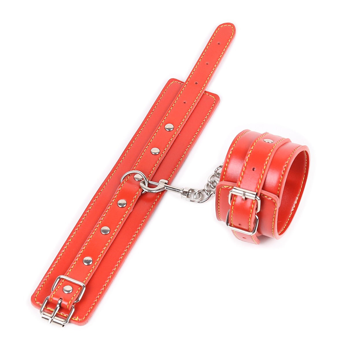 “Scarlet Silken Shackle” – Red leather handcuffs for soft wrists. Wriggle all you want—you’re staying right there for Mistress.

(Other colors available)