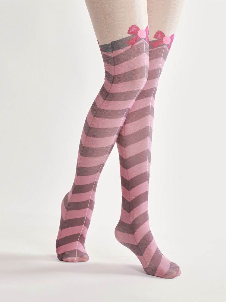“Candy Legs for My Pet”
Striped pastel tights—think cotton candy on your thighs. You’ll wear them while baking cookies, humming in falsetto, leash trailing behind you.